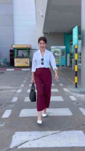 กางเกงผ้าฝ้าย สีแดง ขายาว เอวสูง ผ้าเมือง