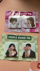 Couple Badge Pin Set - Adorable Characters with Floral and Plain Designs for Couples