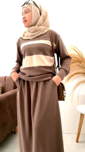 one set wanita remaja muslimah terbaru kekinian baju setelan rok bahan knit premium kasual sehari hari