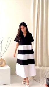 Maxi Dress Garis Hitam Putih Katun Berkerah