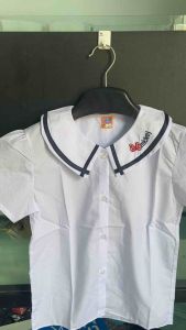 Áo sơ mi trắng cổ sen tay phồng viền họa tiết nữ học sinh đồng phục học sinh bé gái cấp 1 tiểu học