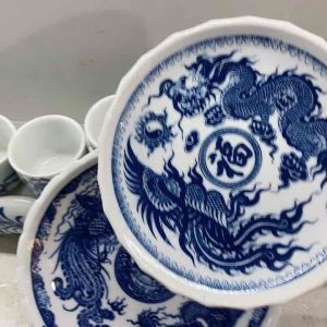 Đĩa su dâng trầu cau hay xin âm dương Long Phượng men lam cổ rộng sứ Bát tràng rộng 12 hoặc 18 cm