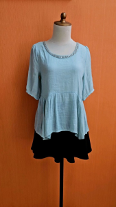 atasan wanita biru muda GROVE cewek L blouse santai leher sequin