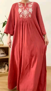 ●ECLAIRE● 003 Dress Maksi Maxi Linen Lengan Pendek Shortsleeves Bordir Embroidered Kasual Casual Korea Mode Trendy CNY Imlek Natal Christmas Import 73370