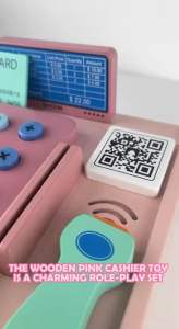 Wooden Pink Cash Register Pretend Play Toys with Play money Coins Scanner Fun Shopping Cashier toys
