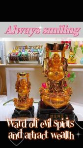 Golden Buddha Statues with Gold Bars on Bases for Feng Shui Decor