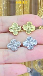 ต่างหูเงินแท้2.5%ชุบทอง18k ลายดอกโคลเวอร์ Diamond cut ขนาด12.6mm.