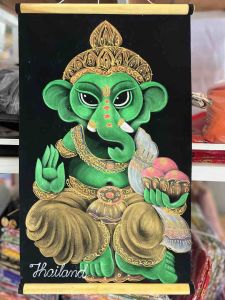ภาพวาดมงคล ภาพแขวน พระพิฆเนศ ช้าง ผ้ากำมะหยี่ งานฝีมือตกแต่งบ้าน กว้าง 12 x ยาว 19 นิ้ว