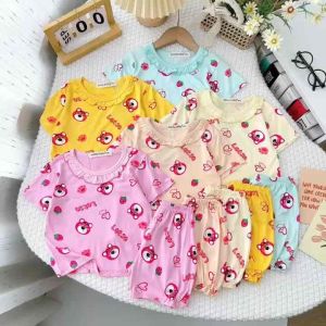 [6-30kg] Đồ bộ cộc tay cho bé gái in hoạ tiết dâu tây phối cổ bèo+ quần bo chỉ thun siêu dễ thương chuẩn chất thun lạnh chính hãng mềm mịn mát