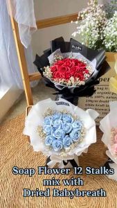 12 Stalks Soap Flower Rose Bouquet Mix Preserved Baby Breath Graduation Gift Birthday Anniversary Valentine Romantic Flower Bouquet Gift Card Included