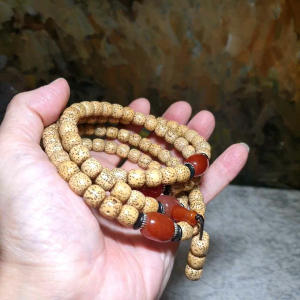 8.7mm aged yellowish "Star & Moon" Bodhi Red Agate 108 prayer beads necklace 8.7毫米老料星月菩提黄金籽配红玛瑙108念珠串项链