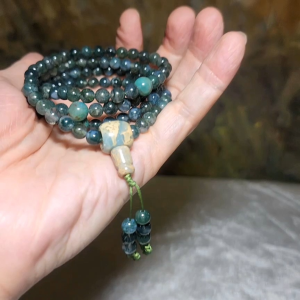 Gegegems premium 6mm 108 Icy Moss Agate Chrysocolla & Shoushan Stone mala necklace Natural Crystals
