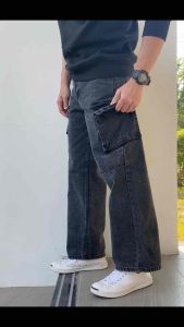 TPPJEANS Grey Straight Cargo Denim กางเกงยีนส์กระบอกใหญ่ สีฟอกเทาเข้ม กระเป๋าข้าง ทรงสวย ใส่สบาย เป้าซิป Size 28-36 รับชำระปลายทาง