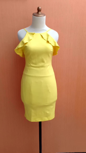 mini midi dress wanita kuning ZARA TRAFALUC cewek S M kutung MEWAH bodycon PESTA