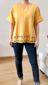 ECLAIRE Blouse Lengan Pendek Motif Mutiara & Laser Kasual