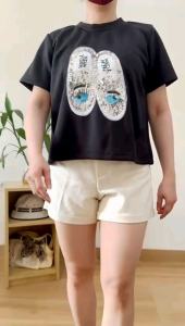 ●ECLAIRE● 0IS Blouse Blus Scuba Lengan Pendek Shortsleeves Motif Manik Sequins Jahit Kasual Casual Mode Modis 831