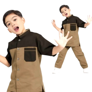 Setelan Koko Anak Laki-laki Modern Tangan Pendek - Kemeja Dan Celana Wol Premium - Khaira Shop 11