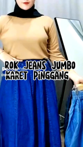 Rok Jeans Wanita Jumbo Pinggang Full Karet Tali Aktif Panjang