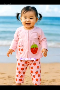 Setelan Baju Bayi Perempuan Piyama Bayi Lengan Panjang Kancing Depan Usia 3-18 Bulan Motif Stroberi