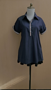 atasan wanita biru tua navy YPQ cewek S M lengan pendek blouse berkerah lengan pendek kerja kuliah