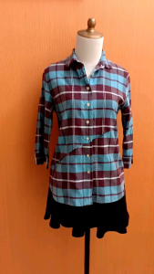 atasan kemeja wanita biru coklat kotak PINA KUUS cewek M kerja kuliah