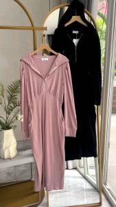 ●ECLAIRE● 043 Dress Midi Hoodie Bertudung Kupluk Knit Rajut Lengan Panjang Longsleeves Zipper Bodycon Kasual Casual Basic Korea Import aimg