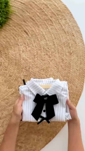 sabrina setelan anak perempuan kemeja garis garis dan celana panjang free jepitan rambut untuk usia 4-10 tahun