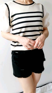 5872 Verica Stripe Knitted Top Baju Saluran Lengan Pendek Wanita Blouse Modis Fashion Cute Korean Style