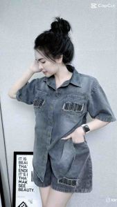 Bộ sét jeans nữ thêu túi kèm quần đùi set bò thời trang nữ cao cấp ms -162