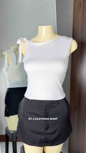 BUY 1 + GET 2 FREE (3PCS) JULIE One Side Tie Asymmetrical Off Shoulder Crop Top Double Lining Front Single Tie Sleeveless Basic Cotton Spandex Womenswear Comfortable Lady