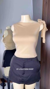 Juily One Side Tie Asymmetrical Off Shoulder Crop Top Double Lining Front Single Tie Sleeveless Basic Cotton Spandex Womenswear Comfortable Lady Fit Casual Minimalist Blouse