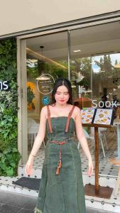 เดรสสายเดี่ยวกระโปรงยีนผ่าหน้า มาพร้อมเชือกผูกเอว S-4XL