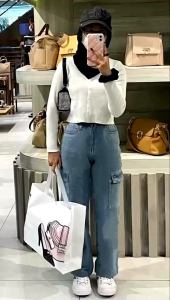 Highwaist Celana Cargo Jeans celana cargo jeans Korean style Cargo Wanita Loose korean style