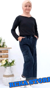 Kulot Cargo Pants Anak Perempuan/Celana Kulot Cargo Jeans Anak Usia 6-13 Tahun Kekinian