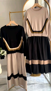 ●ECLAIRE● 043 Dress Midi Knit Kombinasi Katun Lengan Panjang Oneck Kasual Casual Basic Korea Kerja Import bsbm