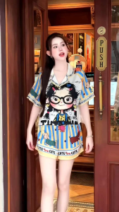 (2 size) °Lụa Latin LADY° Đồ bộ Pijama Đùi Áo Raglan Croptop nút bọc Bộ ngủ mặc nhà Thiết Kế in 5D họa tiết Hot Trend Xinh Sang