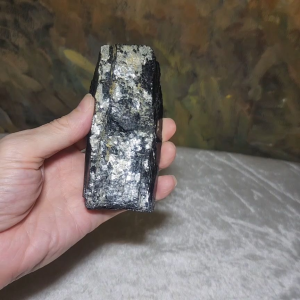 372g Raw Black Tourmaline with silvery Mica co-growth very reflective surface handheld decor display [Natural Crystal]