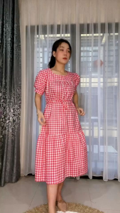 Vintage Midi dress Korea kekinian Dress katun kotak smooK samola