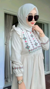MIDI Dress Linen Bordir Bulu Kuda/Tunik Wanita Katun Linen Elegan Simple Premium/Midi Terbaru Model Best Seller