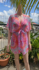 Cover Up Dress for Women - Beachwear - Fits up to 2XL - Black - V-neck - Tie Waist - Semi-Sheer - Outdoor Display
