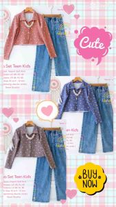 [[ New Arrival ]] Venya Set Teen Kids Setelan Kaos Knit dan Celana Jeans Usia 8-14 Tahun Oneset Knit Motif Lucu Outfit Baju Anak Model Terbaru