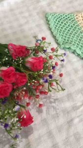 เสื้อถักไหมพรม เสื้อถักโครเช คอกลมกว้าง แขนสั้น สีขาวเขียว มีซับใน