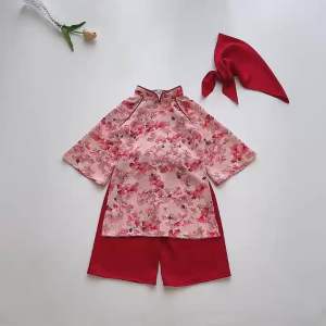 (4-28kg) Áo Dài Cách Tân Hoa Đỏ NHÍM XÙ KIDS Chất Lụa Mango Cho Bé Gái 6 Tháng - 8 Tuổi AD140