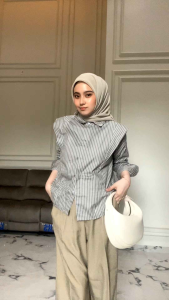 Atasan kemeja wanita lengan panjang motif salur full kancing Kemeja casual Kemeja Korea style Blouse kemeja