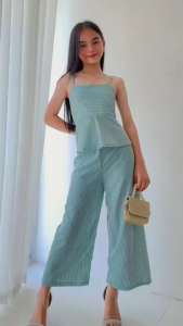 Girls Striped Peplum Top and Wide Leg Pants Set | Kids 2-Piece Co-ord Outfit | Korean Casual Matching Set for Girls 7–10 Years Old