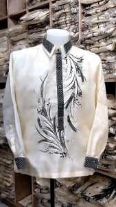 Mens MODERN BW 02 Barong with Black Feather Embroidery - Customizable Sport Collar or Chinese Style - Menswear