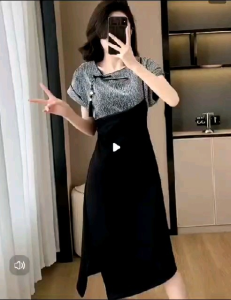 Buttoned fake two-piece dress for women in summer with color matching slimming and casual suspender T-shirt skirt