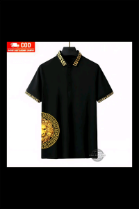 Baju Kaos Polo Shirt Pria Lengan Pendek Kerah Kombinasi Warna Kuning Motif Setengah Singa