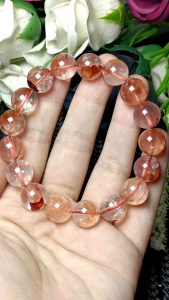 Premium Grade 100% Natural Hematoid Quart - Multi-inclusions Crystal 12MM+/ 极品冰透体100%纯天然红胶花火焰红花片水晶手串 12MM+(天然鸩羽幽灵)