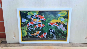 hiasan dinding Lukisan cetak 9 ikan koi plus bingkai uk 45x65cm
